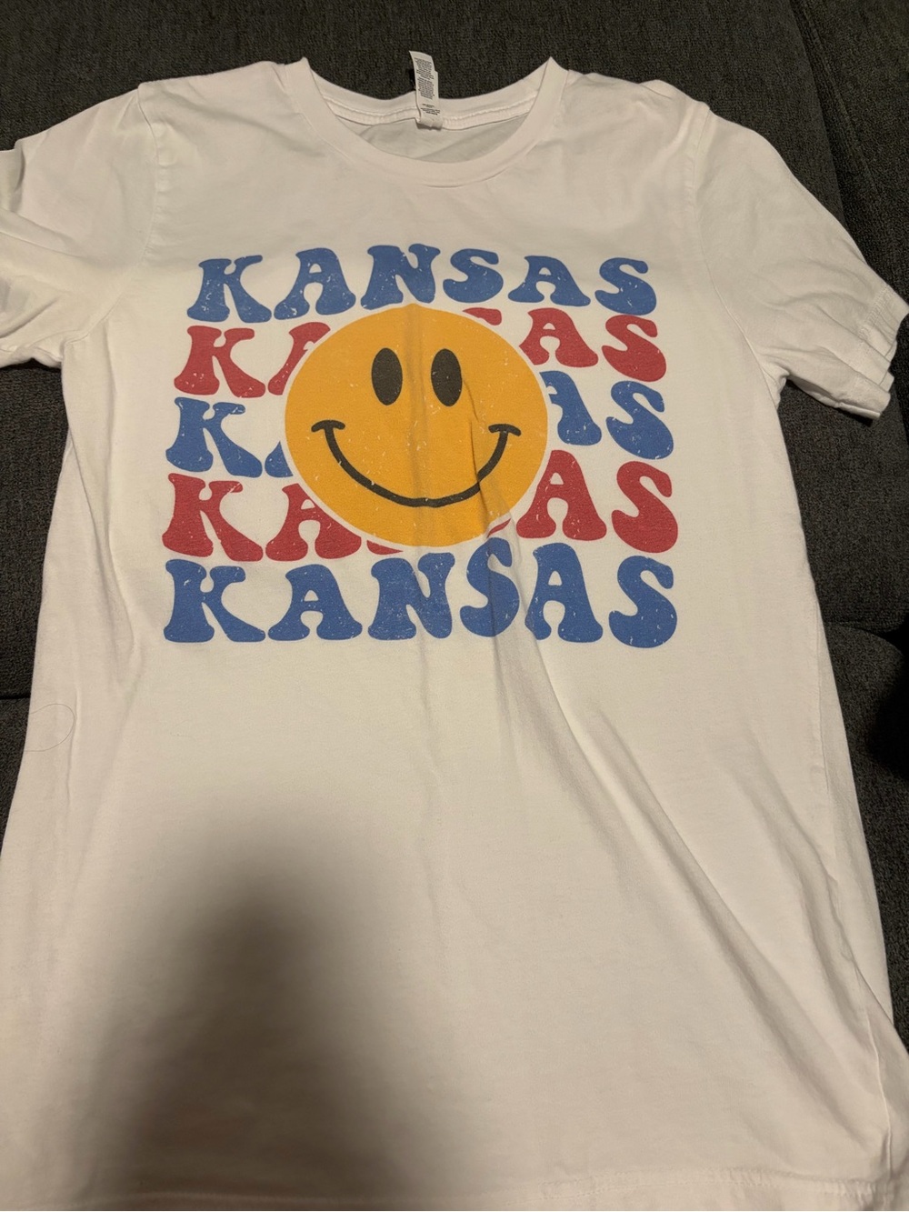 Gildan White Womens Tee with Yellow Smiley and Red/Blue Kansas Print